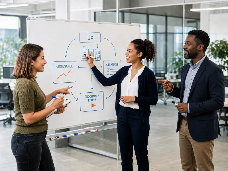 Équipe produit en atelier autour d’un tableau UX pour définir la stratégie, la croissance et les prochaines étapes